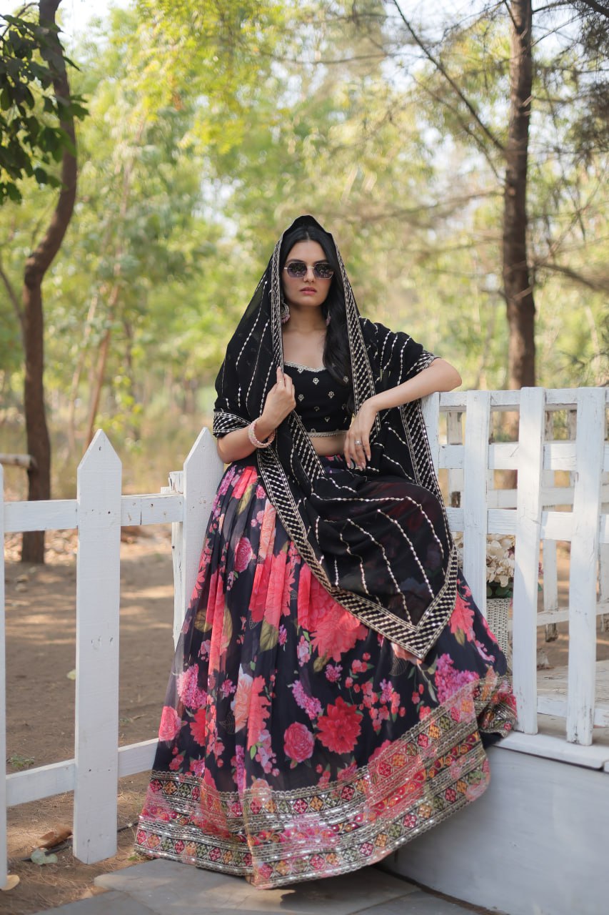 Lorenvalley Black Faux Georgette Digital Printed with Sequins & Thread Embroidered work Lehenga Choli | Swadesiicart