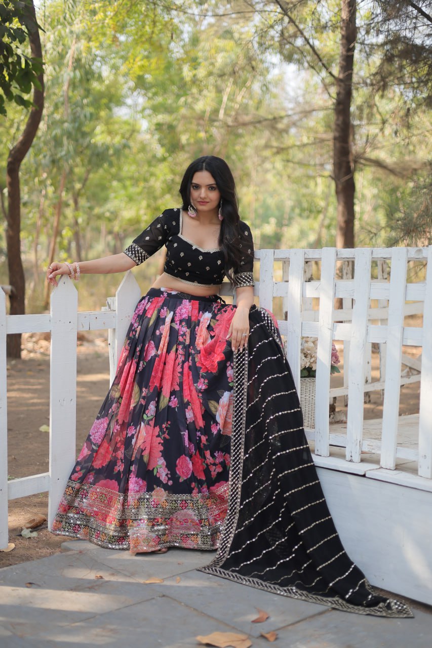 Lorenvalley Black Faux Georgette Digital Printed with Sequins & Thread Embroidered work Lehenga Choli | Swadesiicart