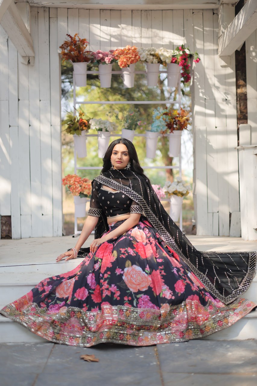 Lorenvalley Black Faux Georgette Digital Printed with Sequins & Thread Embroidered work Lehenga Choli | Swadesiicart