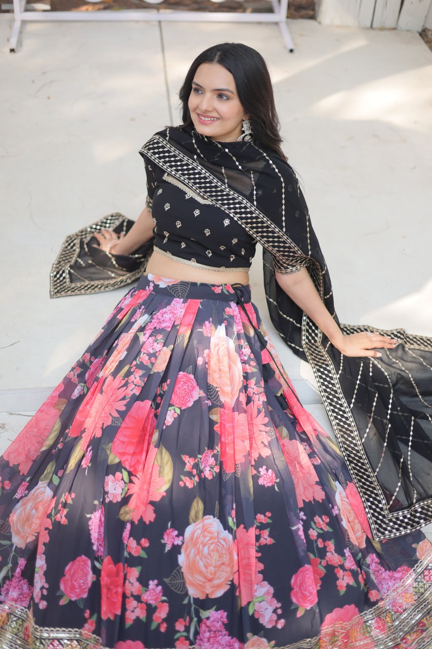 Lorenvalley Black Faux Georgette Digital Printed with Sequins & Thread Embroidered work Lehenga Choli | Swadesiicart