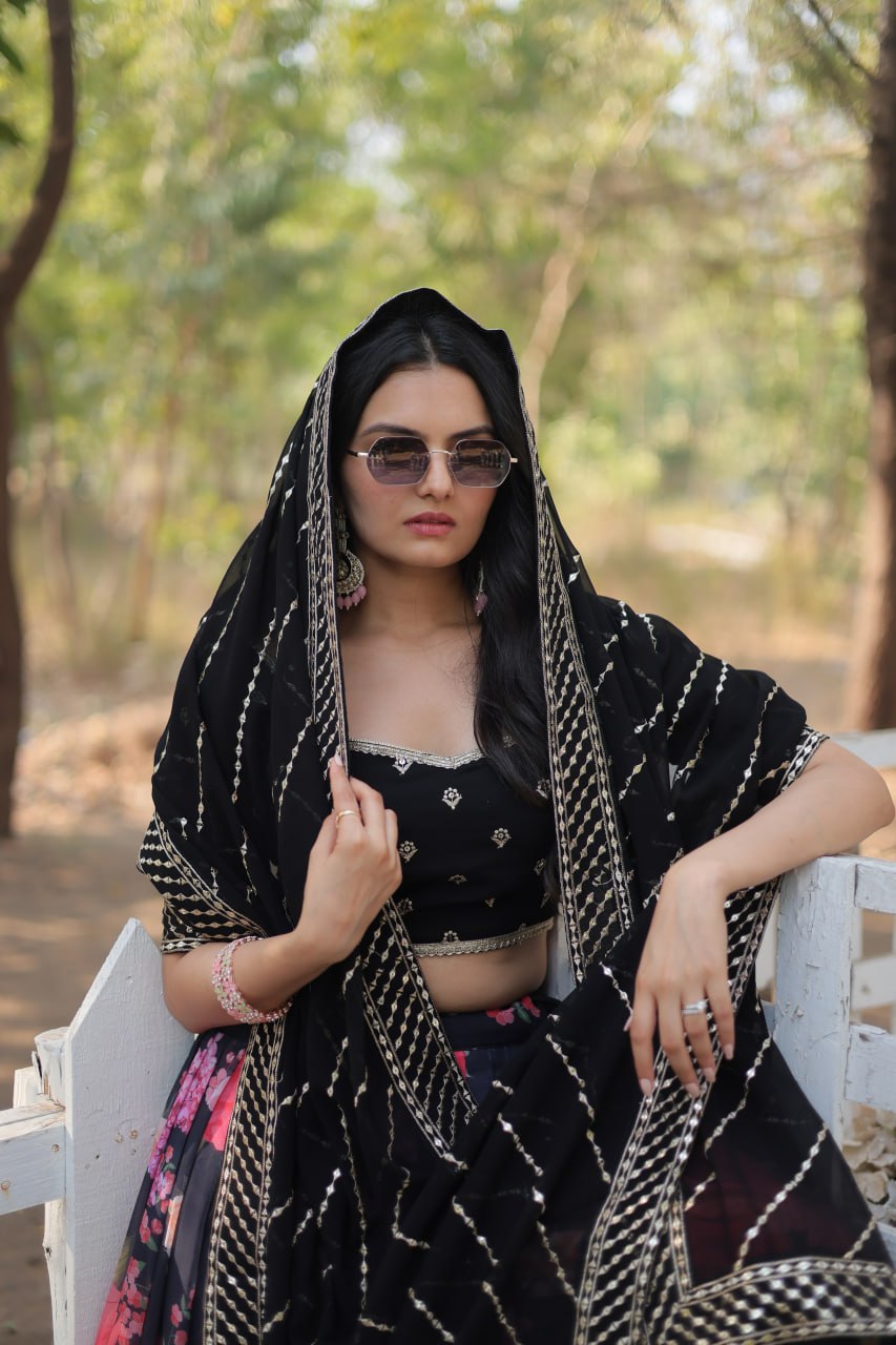 Lorenvalley Black Faux Georgette Digital Printed with Sequins & Thread Embroidered work Lehenga Choli | Swadesiicart