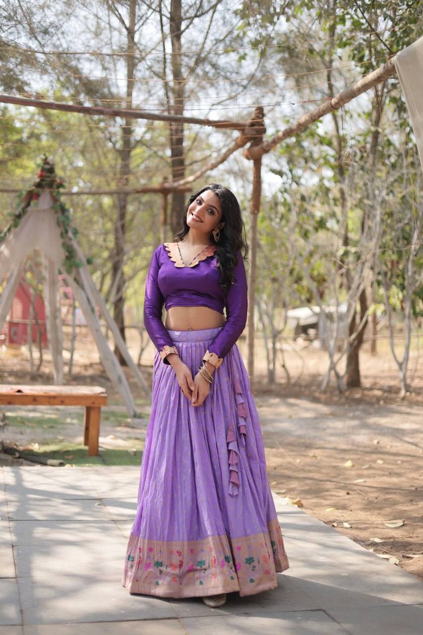 Lorenvalley Lavender Pure Viscose Jacquard with Kalamkari Jari Border Lehenga Choli | Swadesiicart
