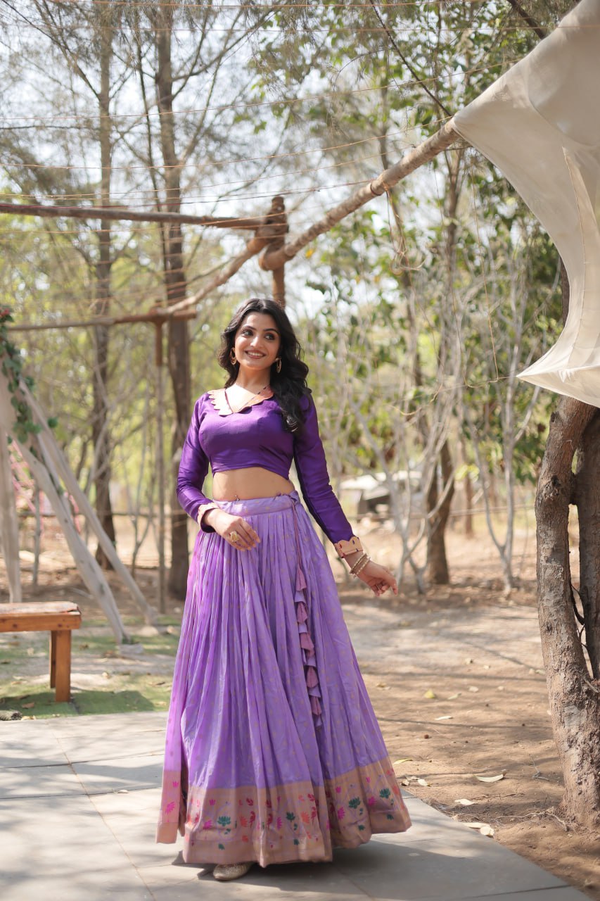 Lorenvalley Lavender Pure Viscose Jacquard with Kalamkari Jari Border Lehenga Choli | Swadesiicart