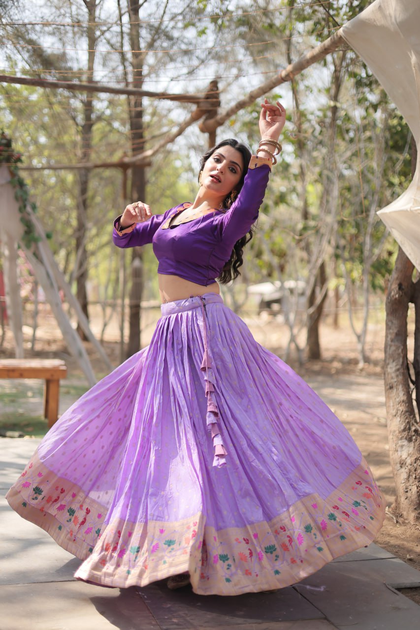 Lorenvalley Lavender Pure Viscose Jacquard with Kalamkari Jari Border Lehenga Choli | Swadesiicart