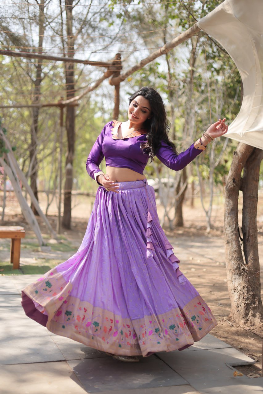 Lorenvalley Lavender Pure Viscose Jacquard with Kalamkari Jari Border Lehenga Choli | Swadesiicart