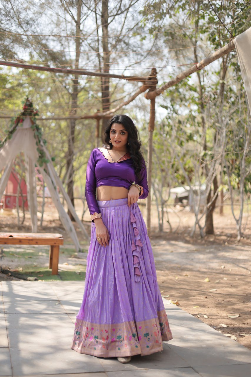 Lorenvalley Lavender Pure Viscose Jacquard with Kalamkari Jari Border Lehenga Choli | Swadesiicart