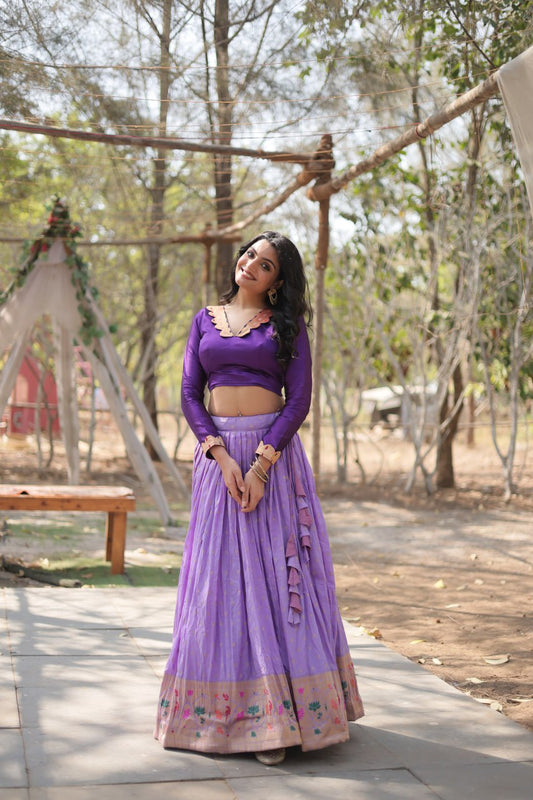 Lorenvalley Lavender Pure Viscose Jacquard with Kalamkari Jari Border Lehenga Choli | Swadesiicart
