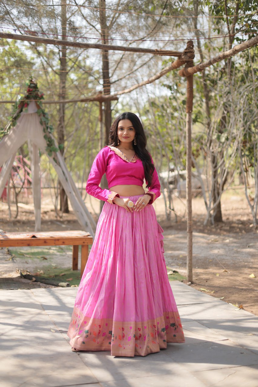 Lorenvalley Pink Pure Viscose Jacquard with Kalamkari Jari Border Lehenga Choli | Swadesiicart