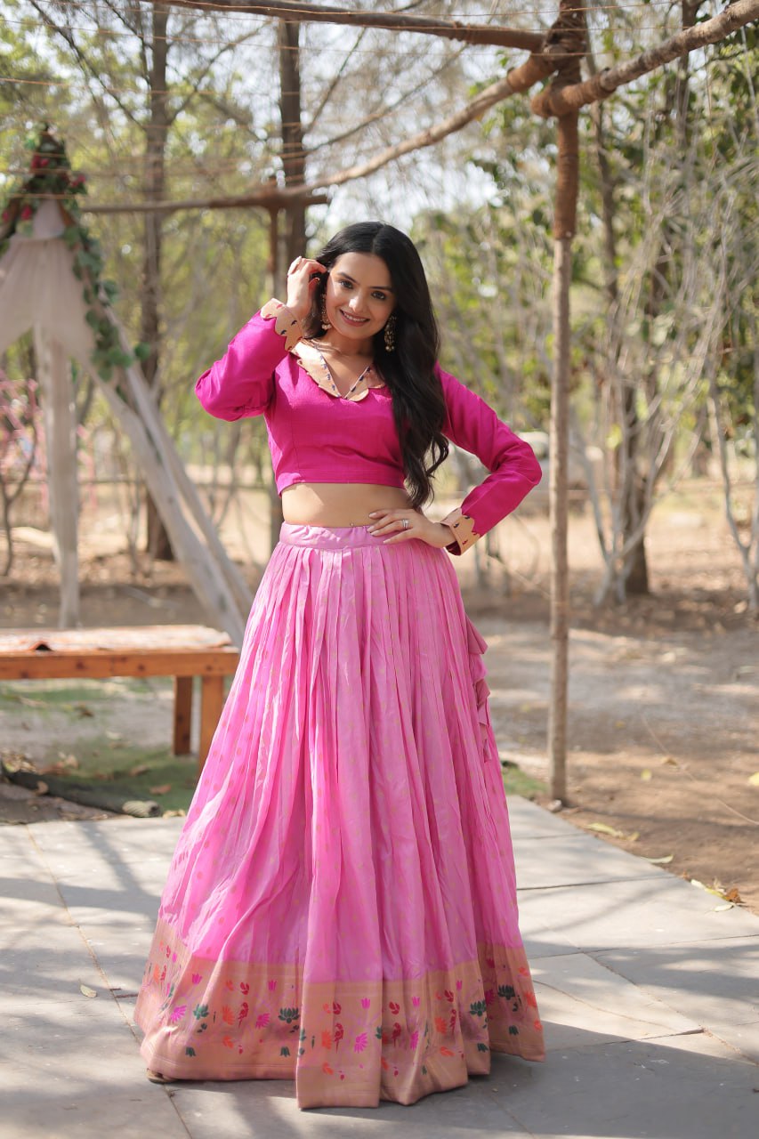 Lorenvalley Pink Pure Viscose Jacquard with Kalamkari Jari Border Lehenga Choli | Swadesiicart