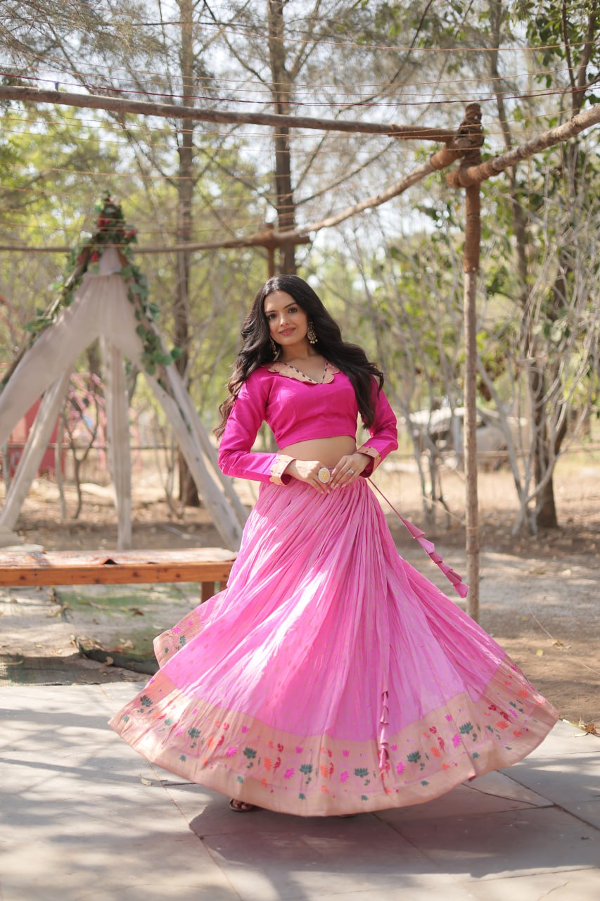 Lorenvalley Pink Pure Viscose Jacquard with Kalamkari Jari Border Lehenga Choli | Swadesiicart