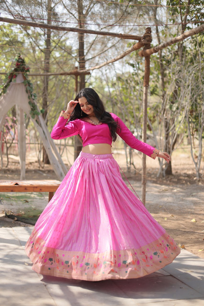 Lorenvalley Pink Pure Viscose Jacquard with Kalamkari Jari Border Lehenga Choli | Swadesiicart