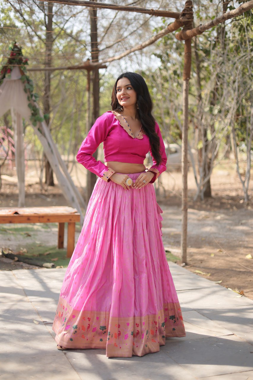 Lorenvalley Pink Pure Viscose Jacquard with Kalamkari Jari Border Lehenga Choli | Swadesiicart