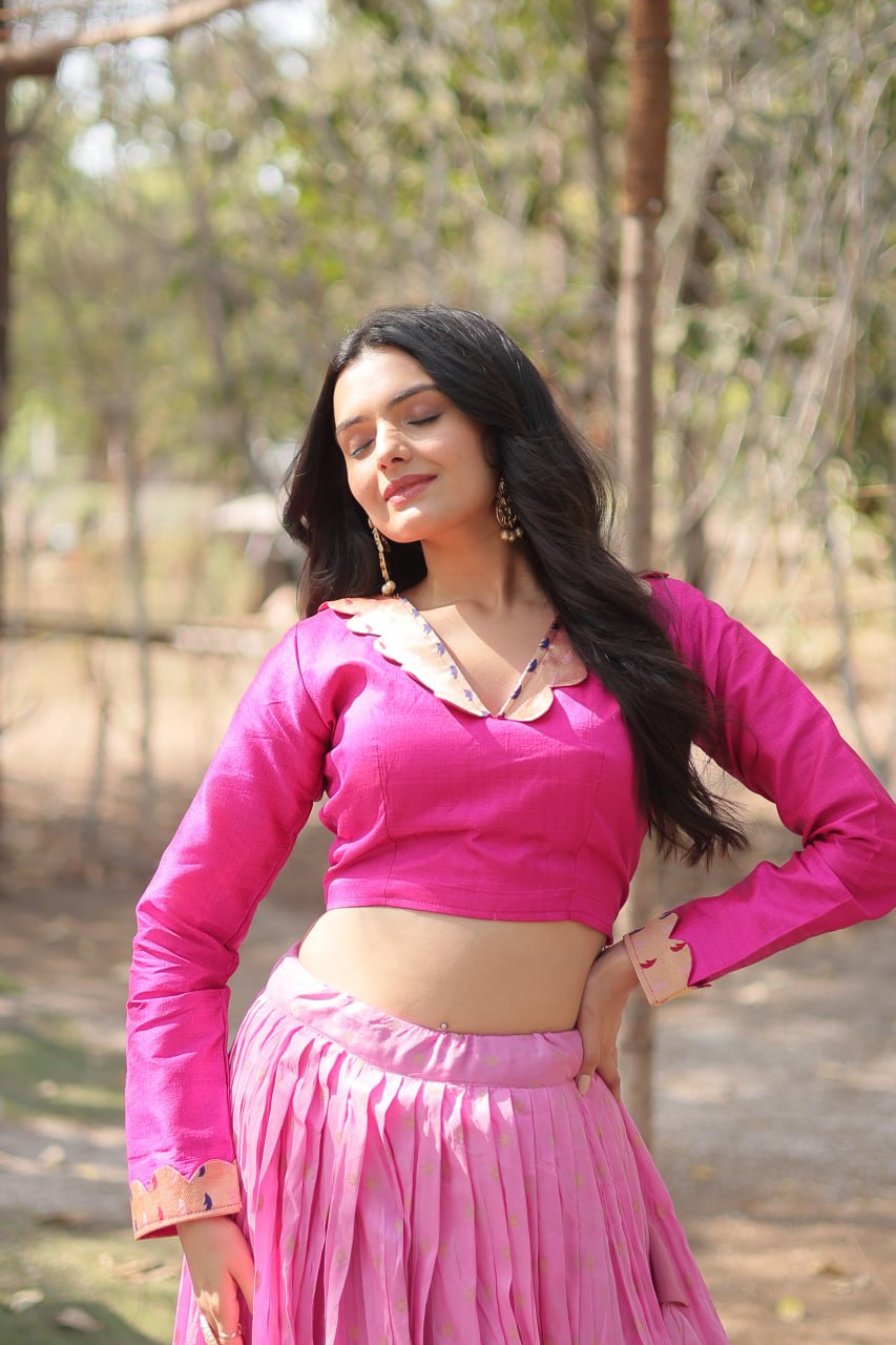 Lorenvalley Pink Pure Viscose Jacquard with Kalamkari Jari Border Lehenga Choli | Swadesiicart