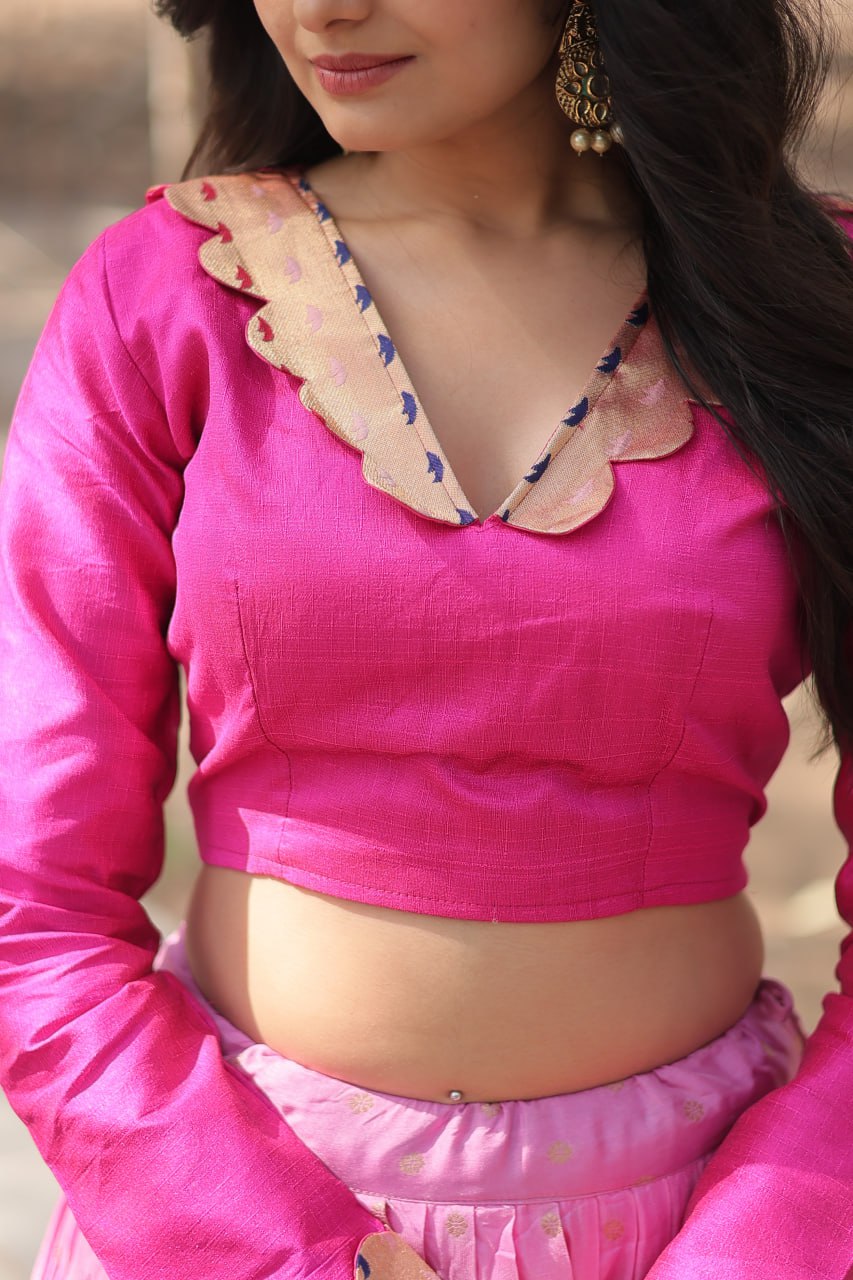 Lorenvalley Pink Pure Viscose Jacquard with Kalamkari Jari Border Lehenga Choli | Swadesiicart