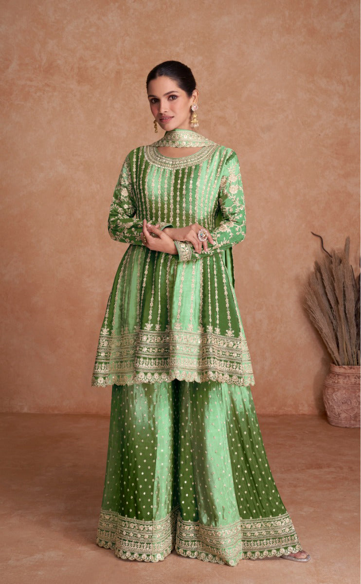 Lorenvalley Women Shaded Green Chinon Silk Fabric Embroidered Kurta Palazzo & With Dupatta | Swadesiicart