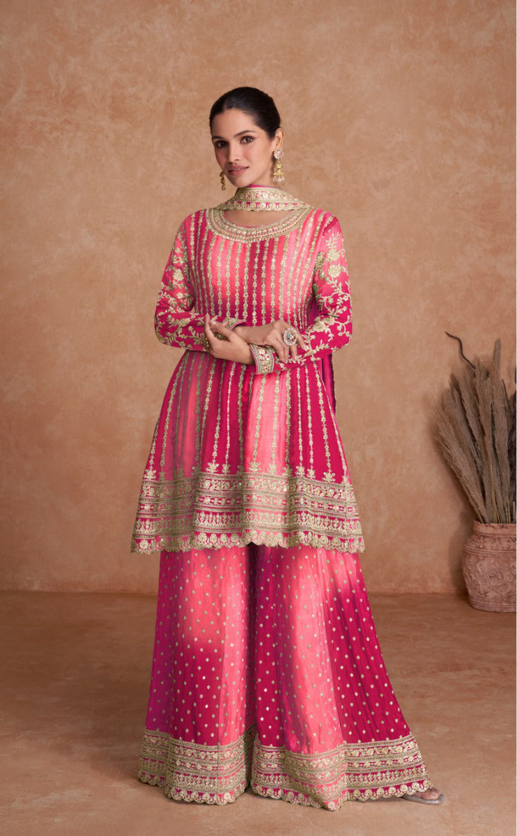 Lorenvalley Women Shaded Pink Chinon Silk Fabric Embroidered Kurta Palazzo & With Dupatta | Swadesiicart