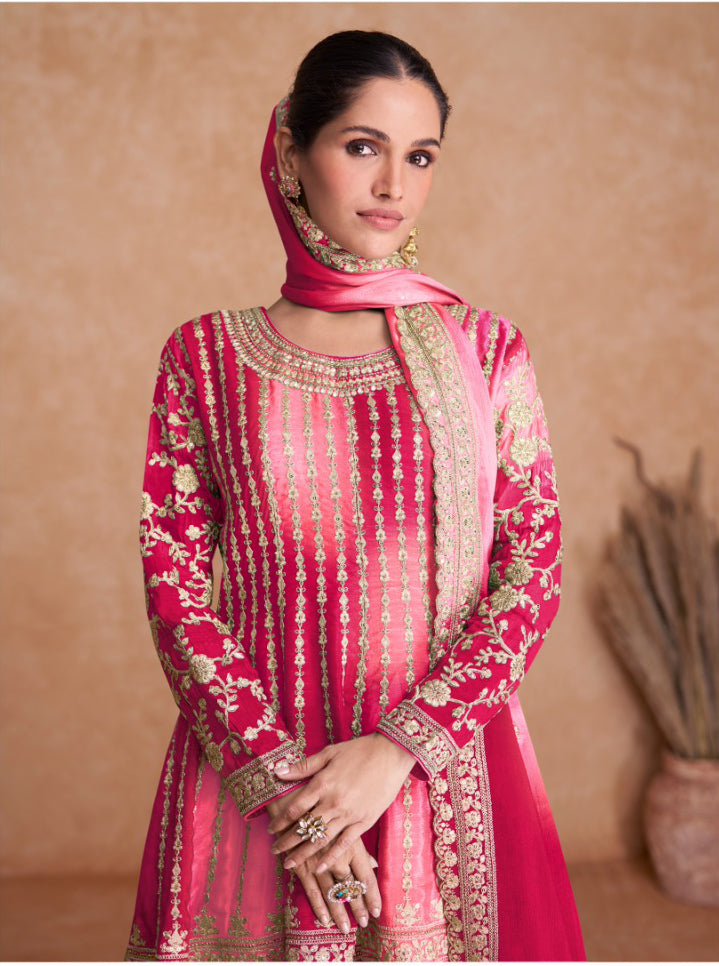 Lorenvalley Women Shaded Pink Chinon Silk Fabric Embroidered Kurta Palazzo & With Dupatta | Swadesiicart