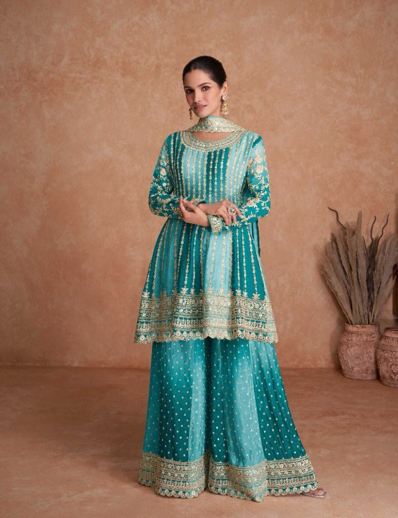 Lorenvalley Women Shaded Skyblue Chinon Silk Fabric Embroidered Kurta Palazzo & With Dupatta | Swadesiicart