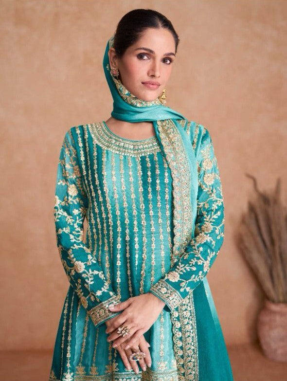 Lorenvalley Women Shaded Skyblue Chinon Silk Fabric Embroidered Kurta Palazzo & With Dupatta | Swadesiicart