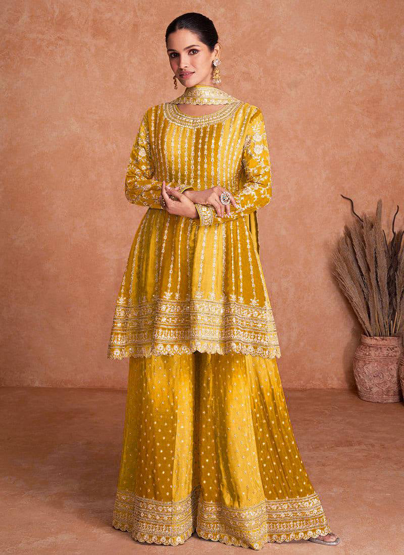 Lorenvalley Women Shaded Yellow Chinon Silk Fabric Embroidered Kurta Palazzo & With Dupatta | Swadesiicart