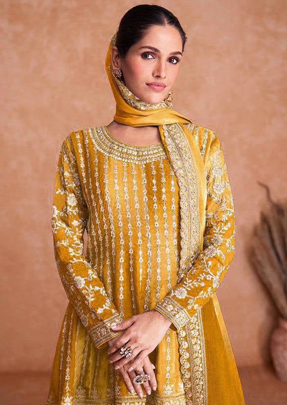 Lorenvalley Women Shaded Yellow Chinon Silk Fabric Embroidered Kurta Palazzo & With Dupatta | Swadesiicart