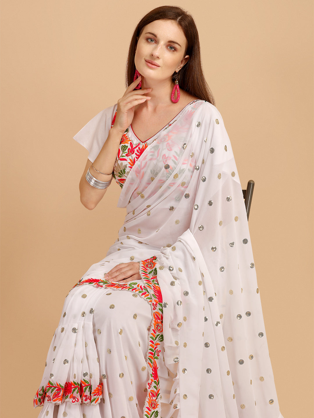 Lorenvalley Fashion White Faux Georgette Ruffle Saree with Fancy Sequence work & Blouse - Swadesiicart