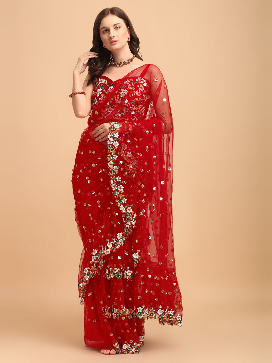 Lorenvalley Fashion Red Butterfly Net Ruffle Saree with Fancy Sequence work & Blouse - Swadesiicart