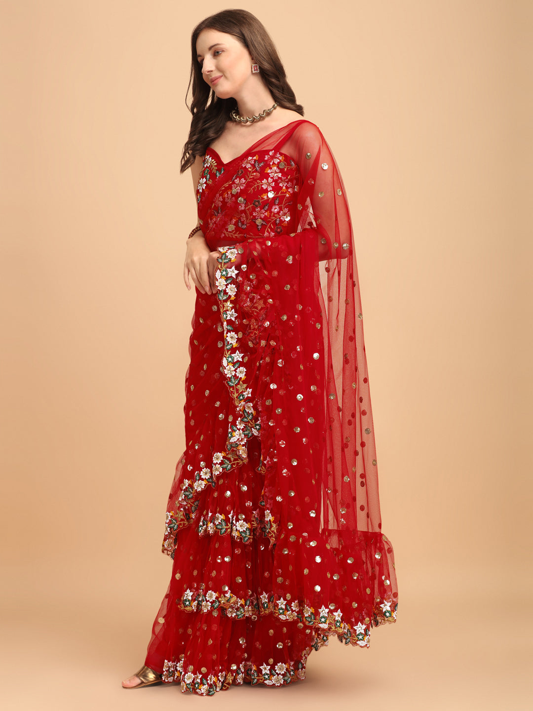 Lorenvalley Fashion Red Butterfly Net Ruffle Saree with Fancy Sequence work & Blouse - Swadesiicart