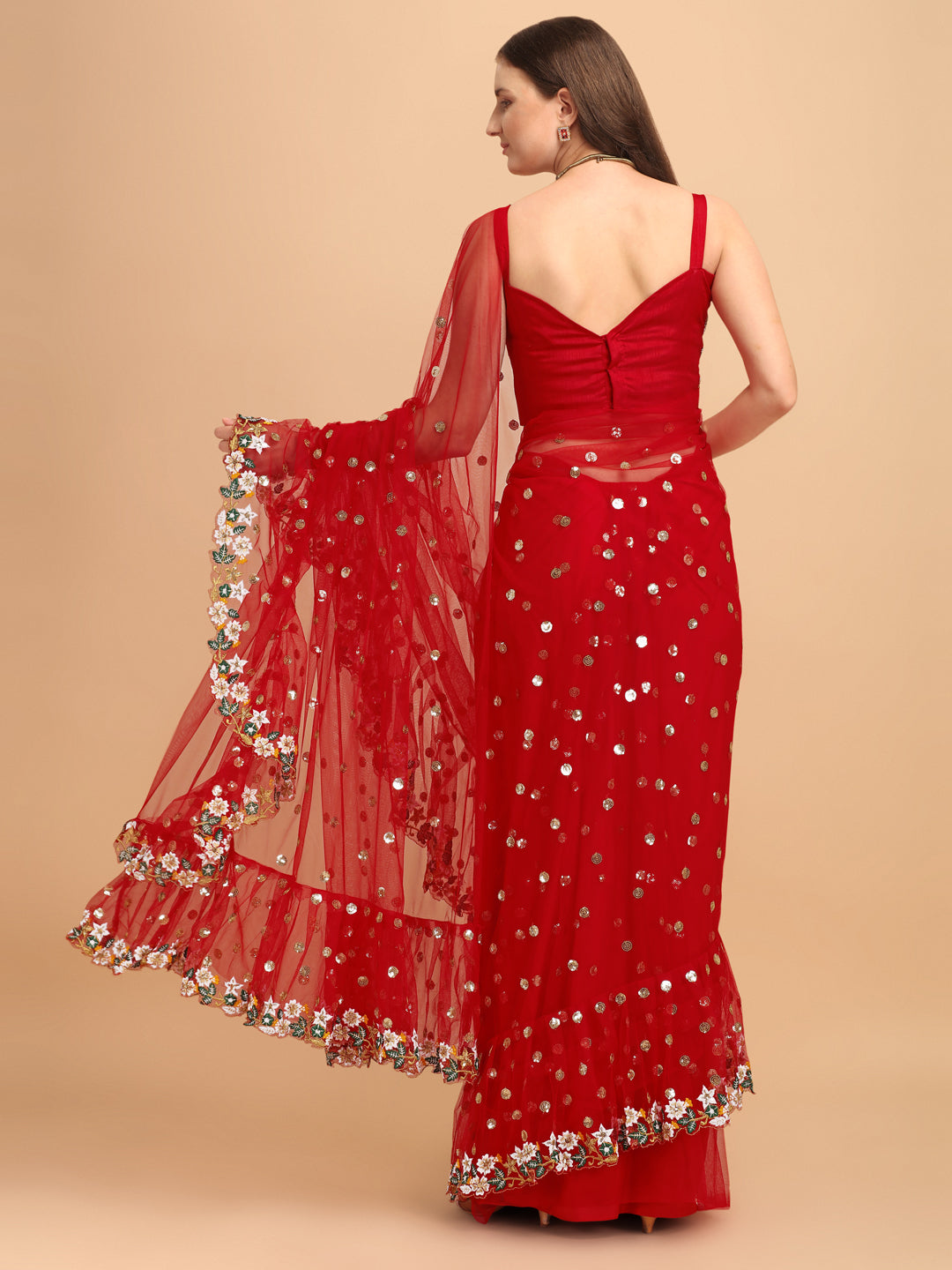 Lorenvalley Fashion Red Butterfly Net Ruffle Saree with Fancy Sequence work & Blouse - Swadesiicart