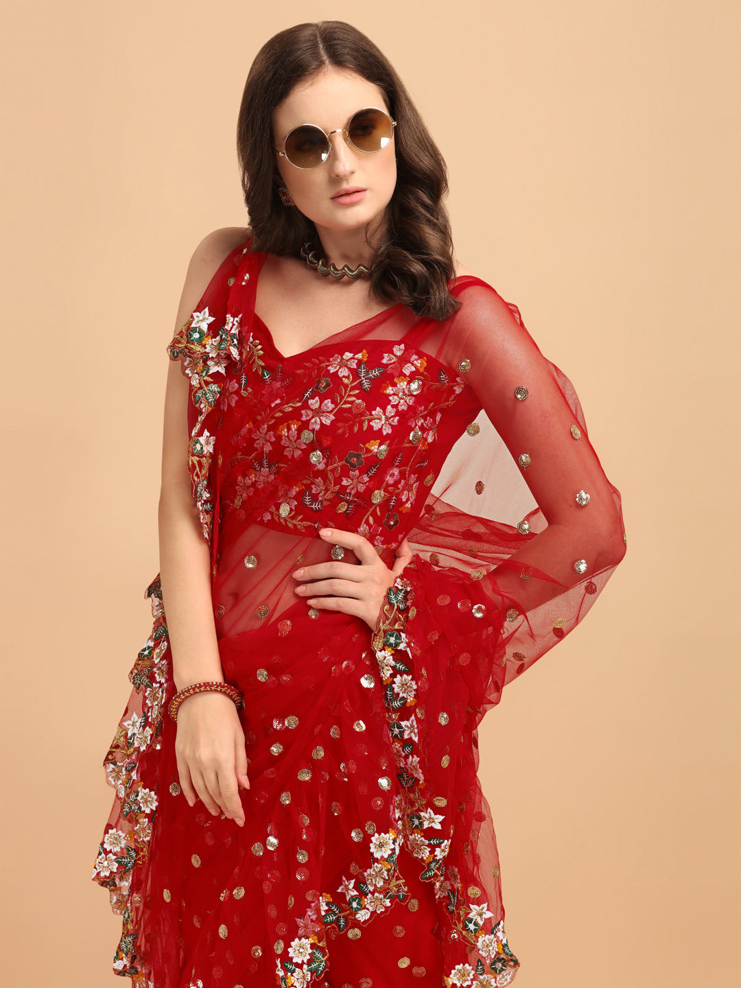 Lorenvalley Fashion Red Butterfly Net Ruffle Saree with Fancy Sequence work & Blouse - Swadesiicart