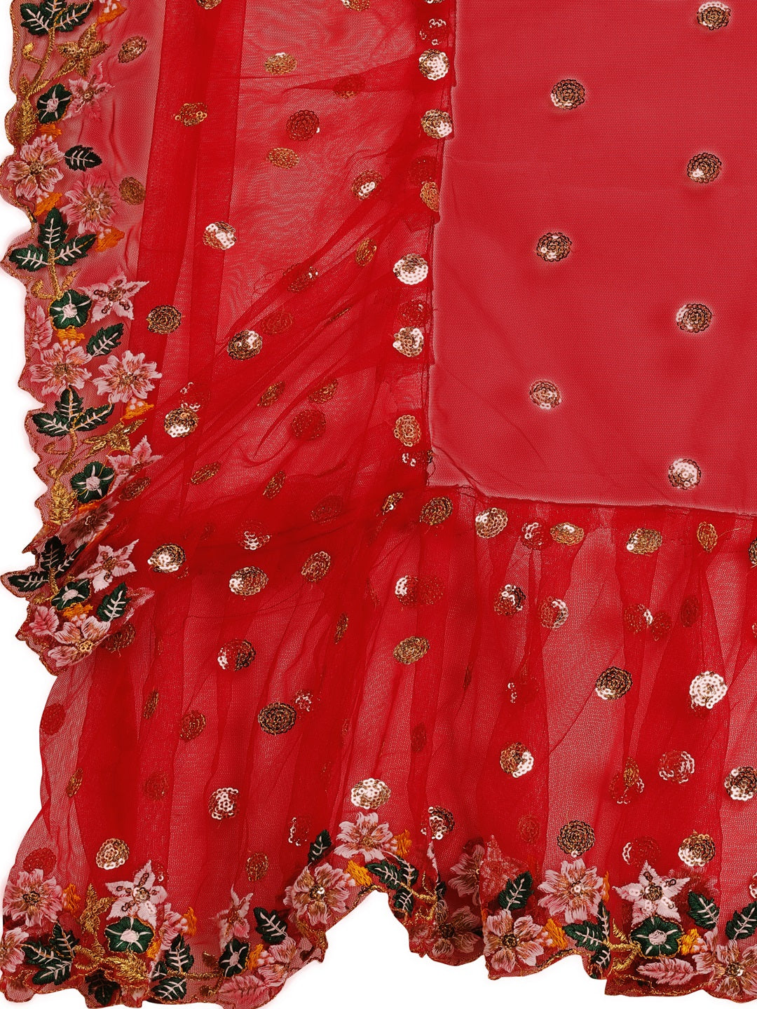 Lorenvalley Fashion Red Butterfly Net Ruffle Saree with Fancy Sequence work & Blouse - Swadesiicart