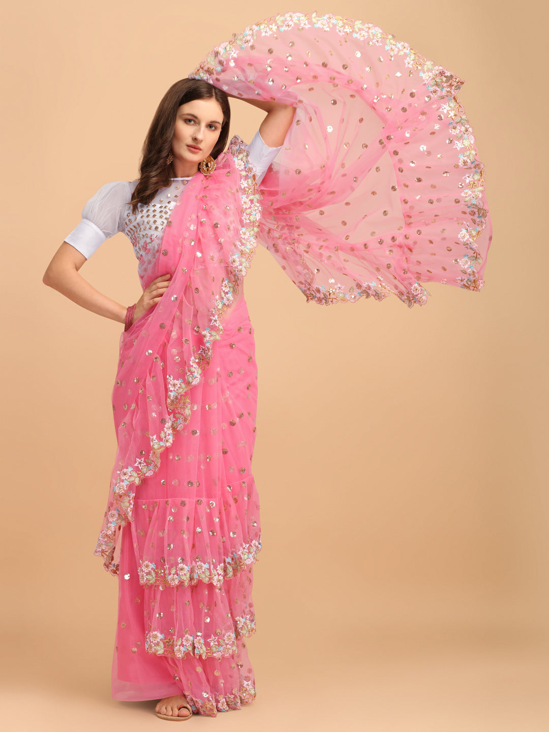 Lorenvalley Fashion Pink Butterfly Net Ruffle Saree with Fancy Sequence work & Blouse - Swadesiicart