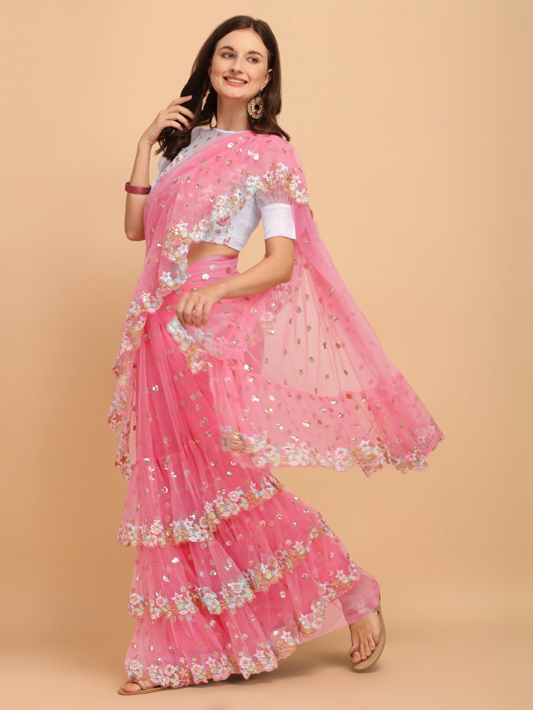 Lorenvalley Fashion Pink Butterfly Net Ruffle Saree with Fancy Sequence work & Blouse - Swadesiicart
