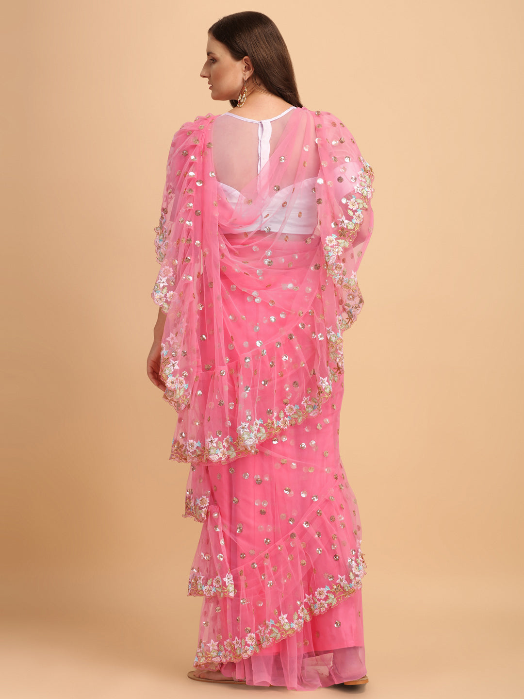 Lorenvalley Fashion Pink Butterfly Net Ruffle Saree with Fancy Sequence work & Blouse - Swadesiicart
