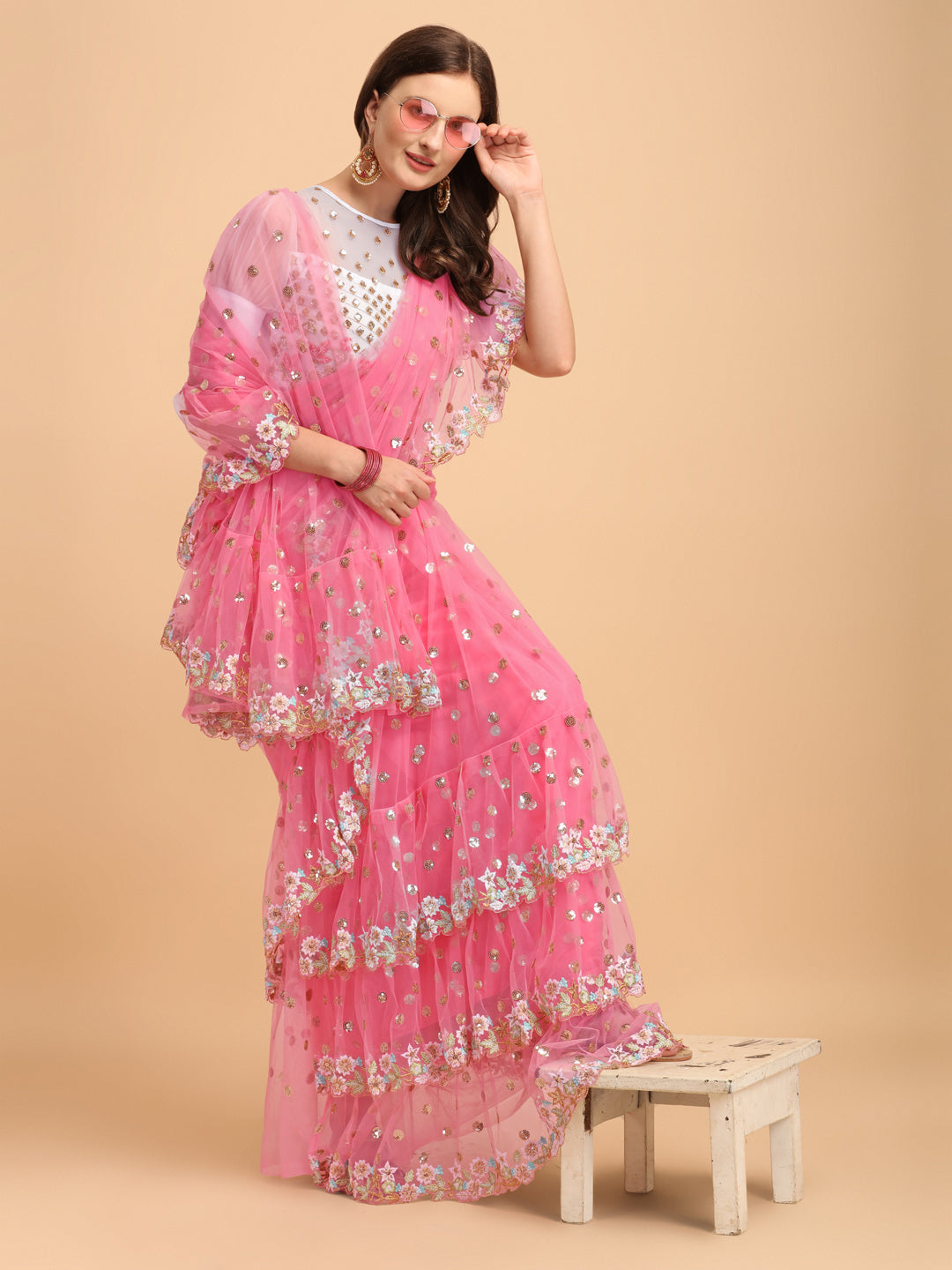 Lorenvalley Fashion Pink Butterfly Net Ruffle Saree with Fancy Sequence work & Blouse - Swadesiicart