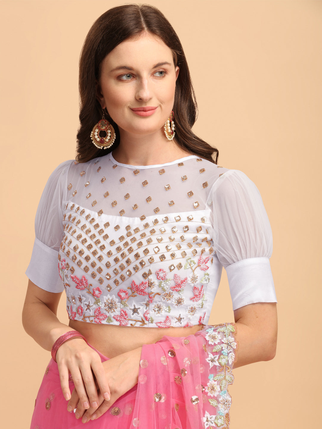 Lorenvalley Fashion Pink Butterfly Net Ruffle Saree with Fancy Sequence work & Blouse - Swadesiicart