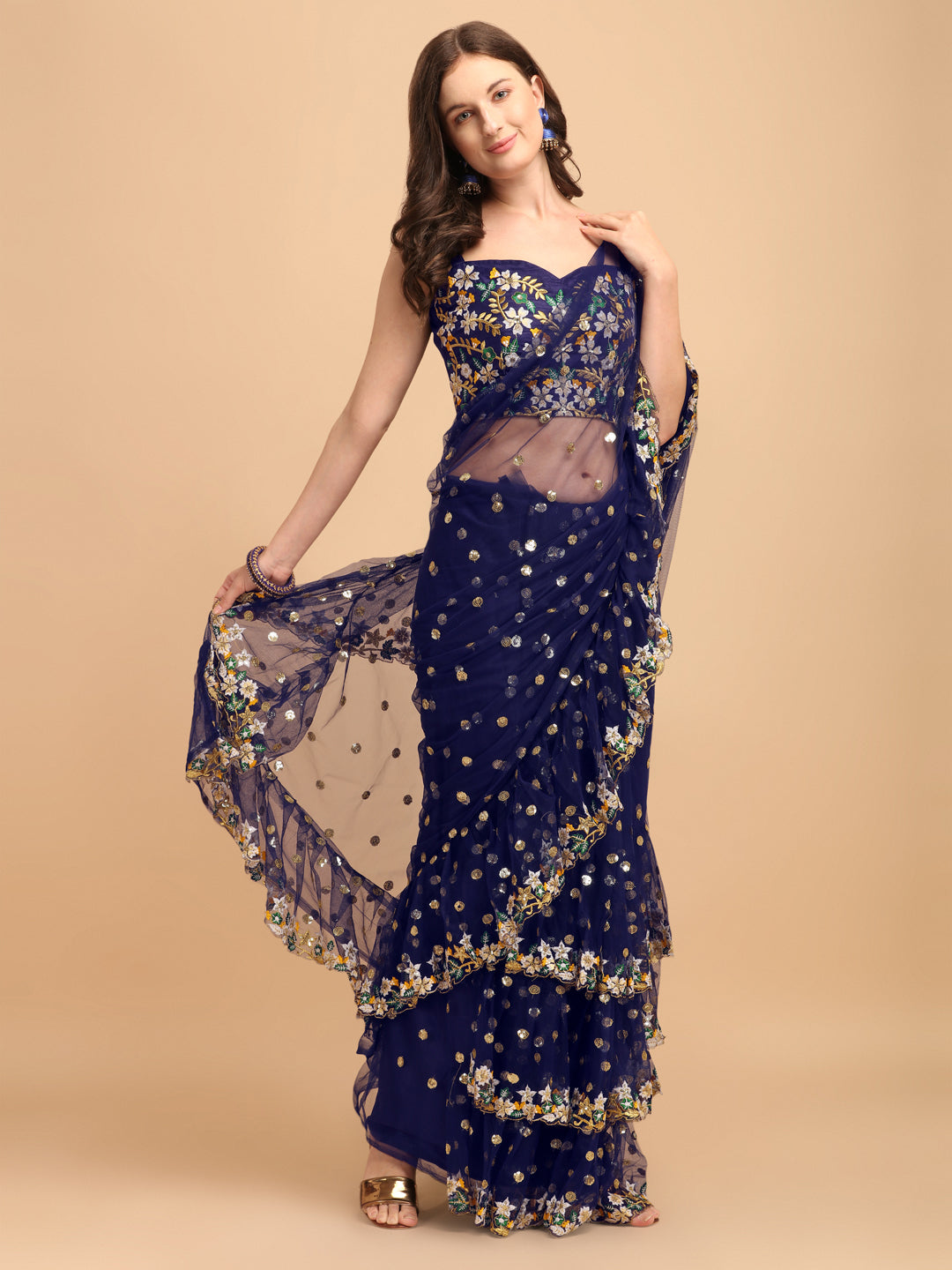 Lorenvalley Fashion Blue Butterfly Net Ruffle Saree with Fancy Sequence work & Blouse - Swadesiicart