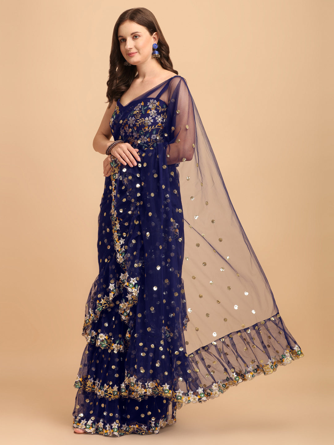 Lorenvalley Fashion Blue Butterfly Net Ruffle Saree with Fancy Sequence work & Blouse - Swadesiicart