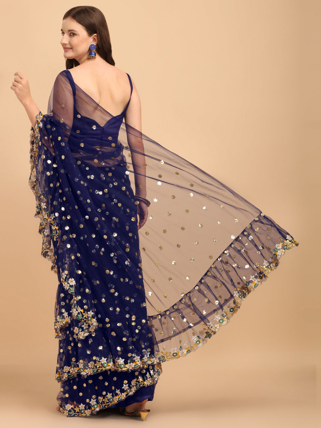 Lorenvalley Fashion Blue Butterfly Net Ruffle Saree with Fancy Sequence work & Blouse - Swadesiicart