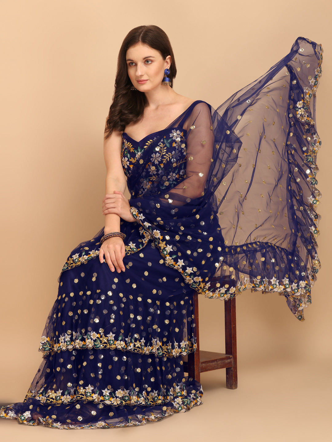 Lorenvalley Fashion Blue Butterfly Net Ruffle Saree with Fancy Sequence work & Blouse - Swadesiicart
