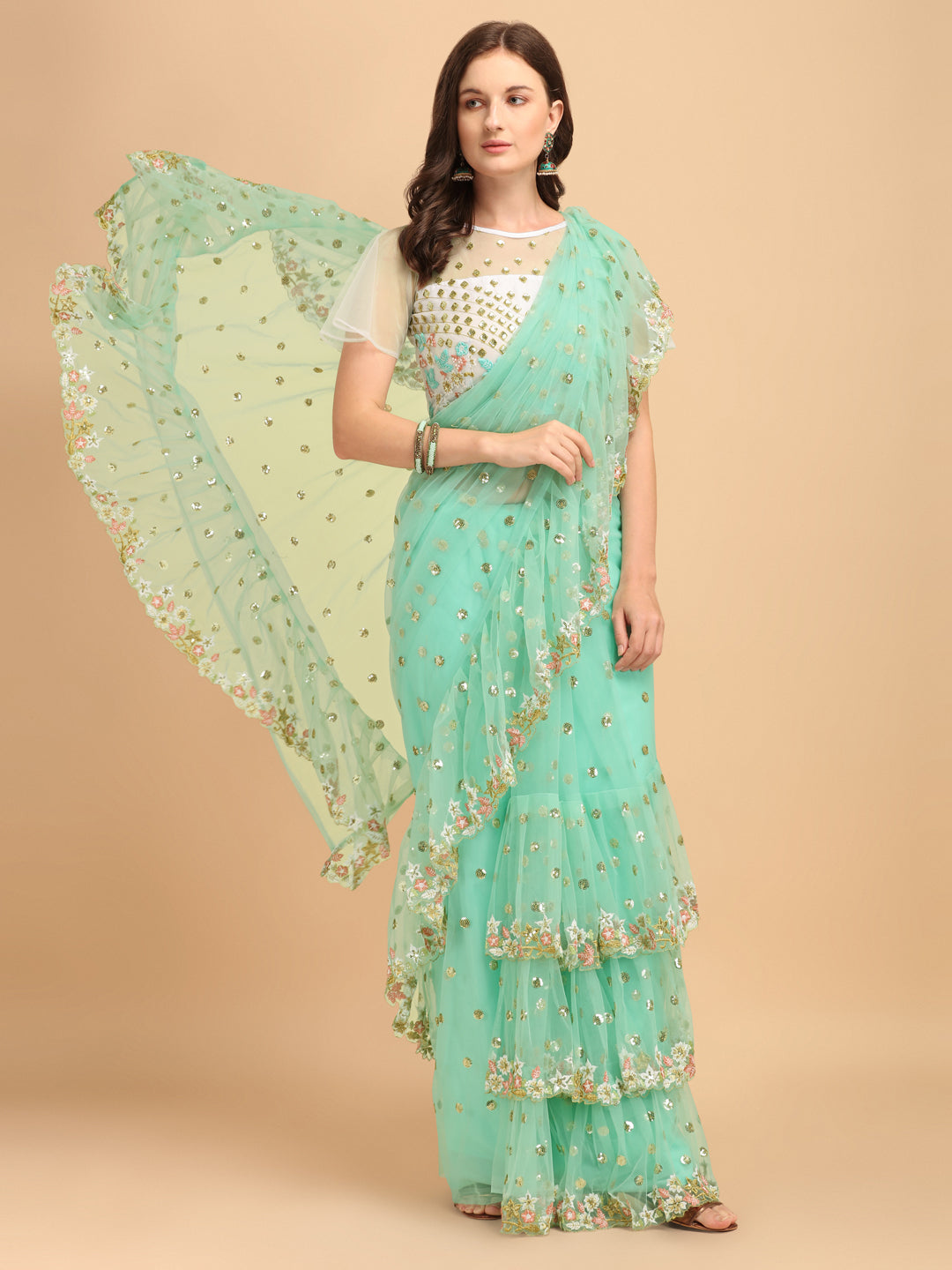 Lorenvalley Fashion Seagreen Butterfly Net Ruffle Saree with Fancy Sequene work & Blousec - Swadesiicart