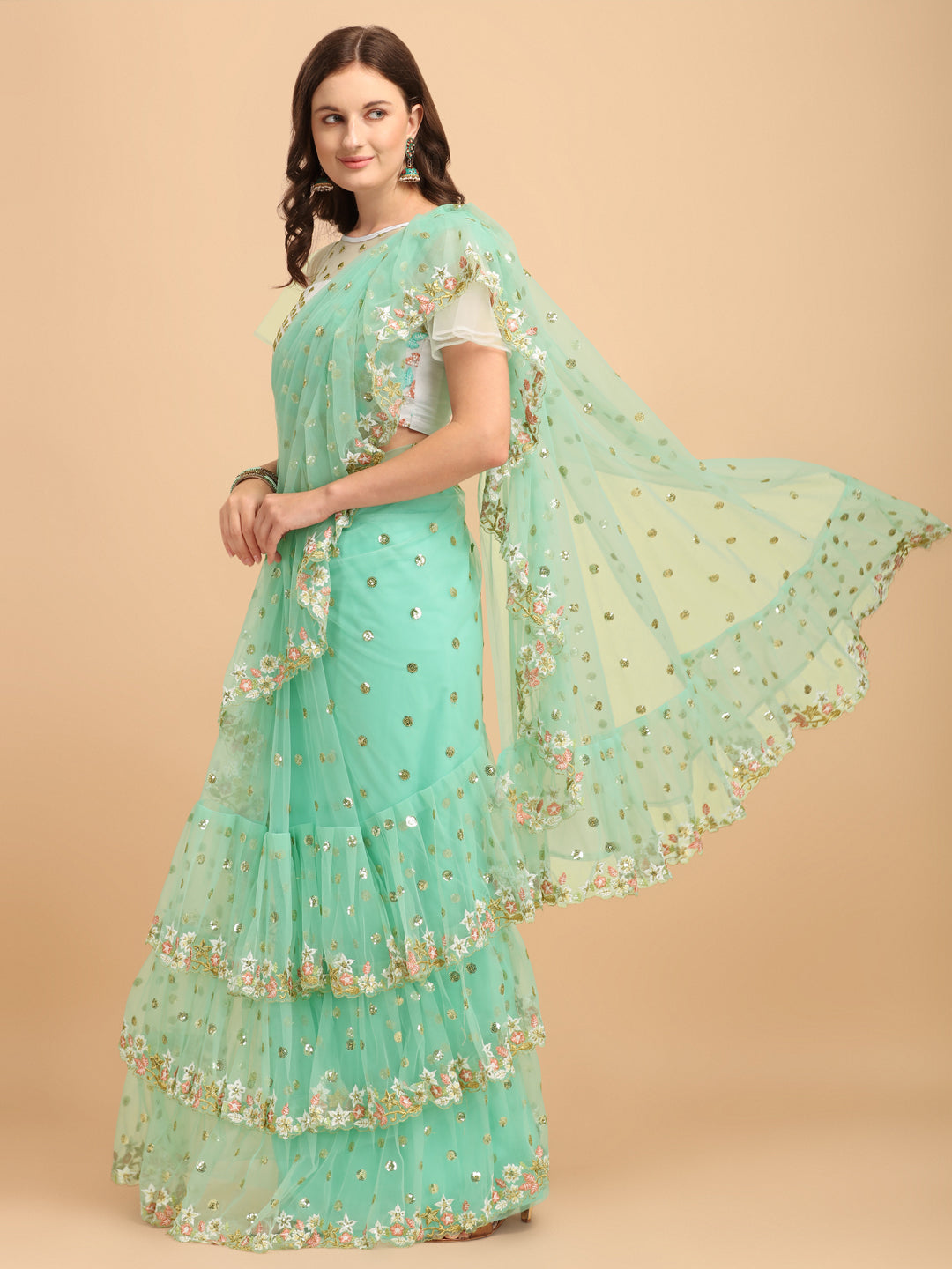 Lorenvalley Fashion Seagreen Butterfly Net Ruffle Saree with Fancy Sequene work & Blousec - Swadesiicart