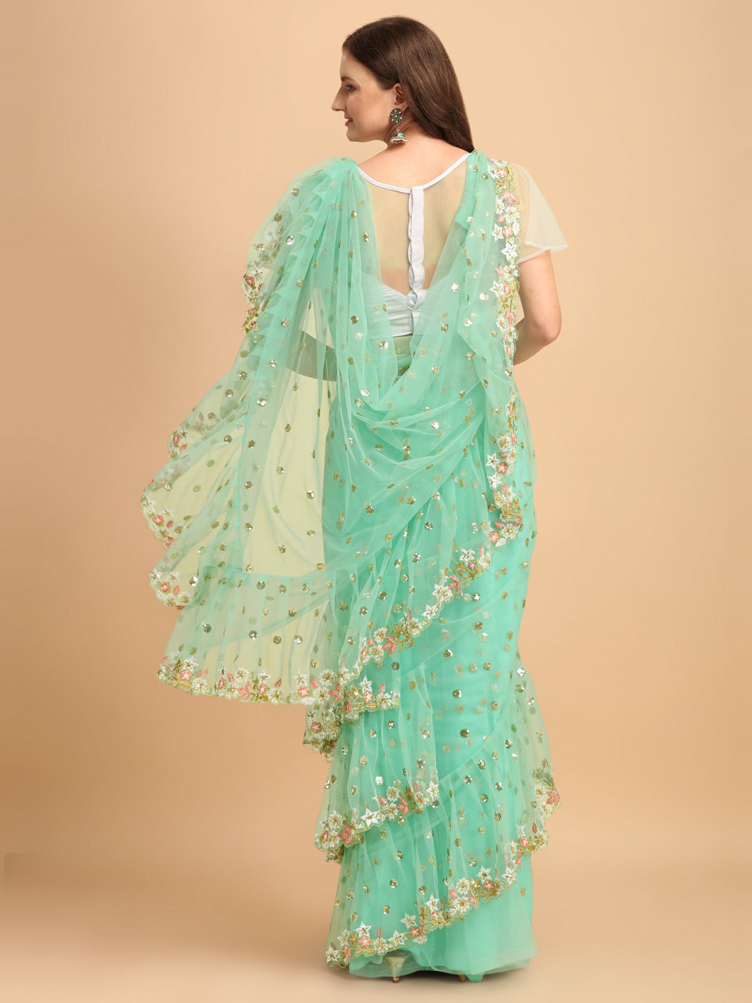 Lorenvalley Fashion Seagreen Butterfly Net Ruffle Saree with Fancy Sequene work & Blousec - Swadesiicart