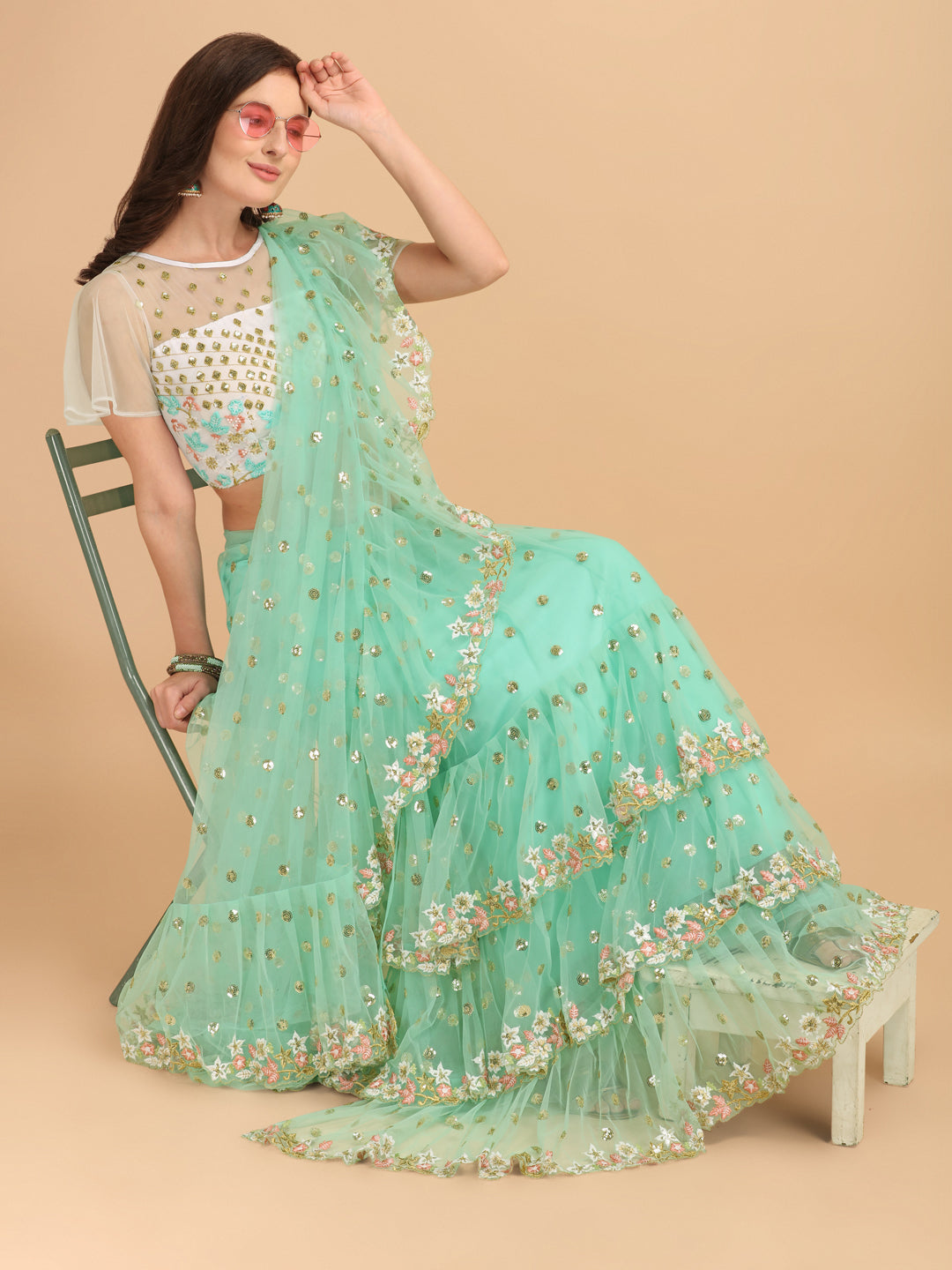 Lorenvalley Fashion Seagreen Butterfly Net Ruffle Saree with Fancy Sequene work & Blousec - Swadesiicart