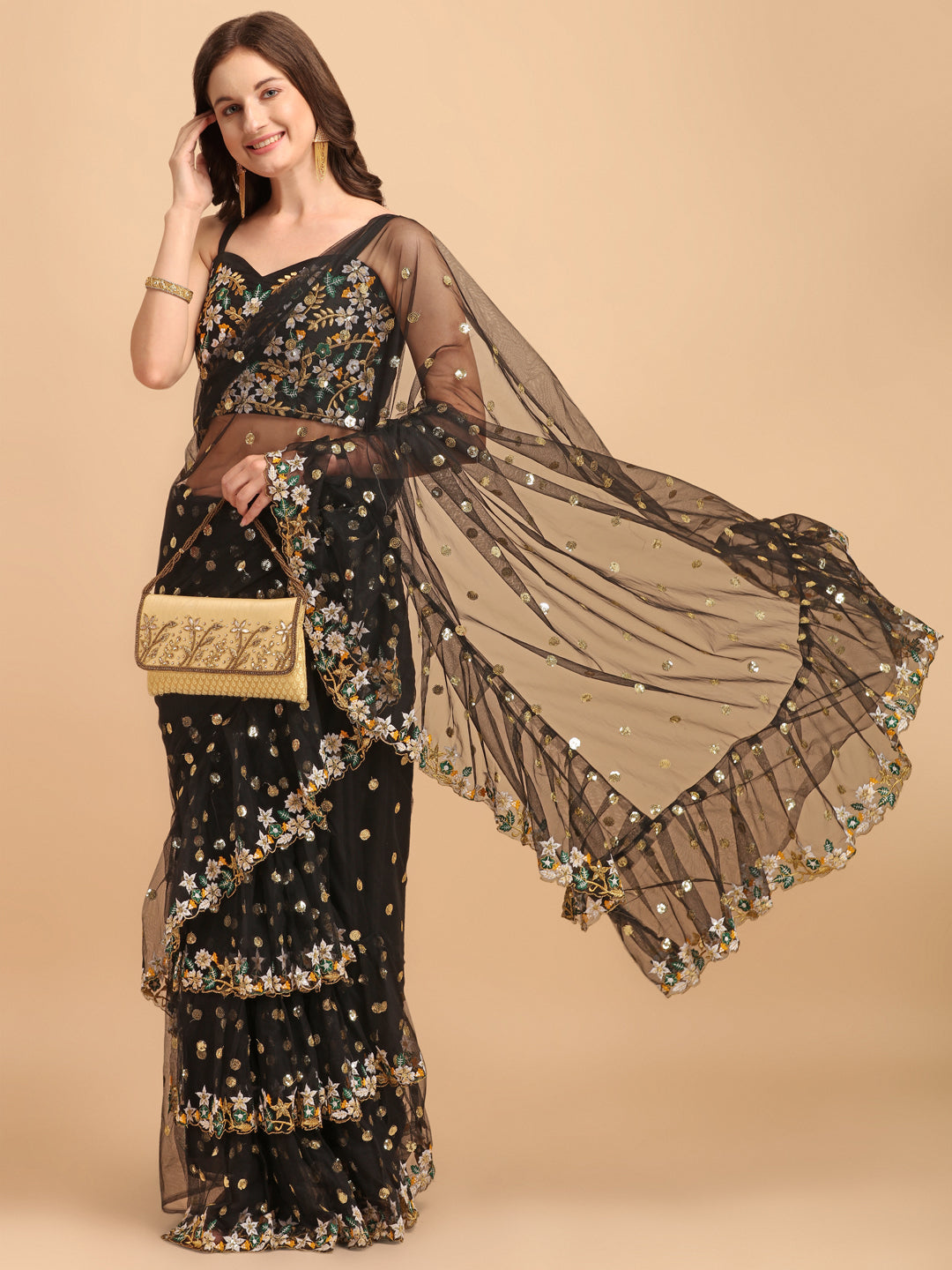 Lorenvalley Fashion Black Butterfly Net Ruffle Saree with Fancy Sequence work & Blouse - Swadesiicart
