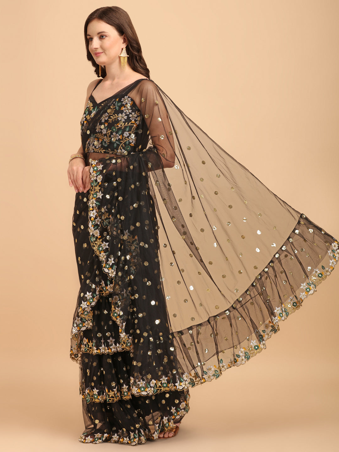 Lorenvalley Fashion Black Butterfly Net Ruffle Saree with Fancy Sequence work & Blouse - Swadesiicart