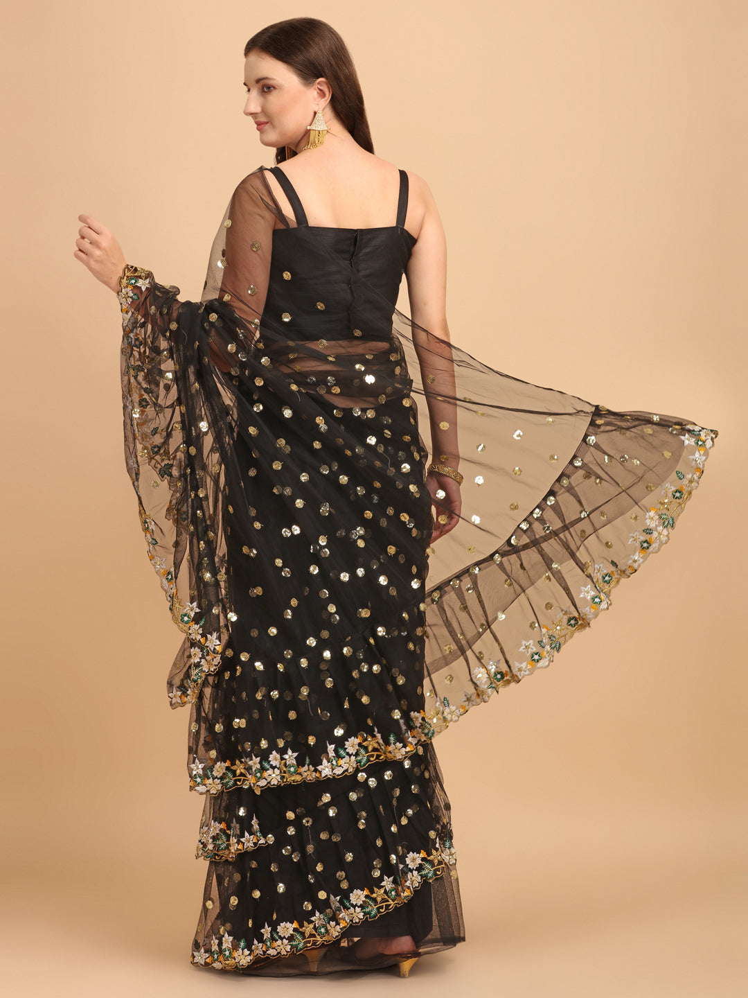 Lorenvalley Fashion Black Butterfly Net Ruffle Saree with Fancy Sequence work & Blouse - Swadesiicart