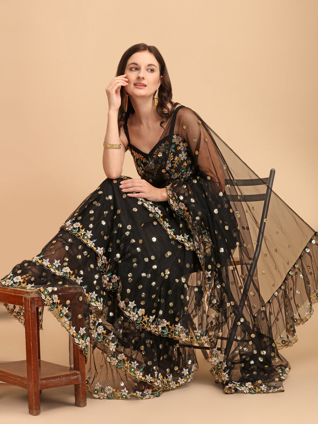 Lorenvalley Fashion Black Butterfly Net Ruffle Saree with Fancy Sequence work & Blouse - Swadesiicart