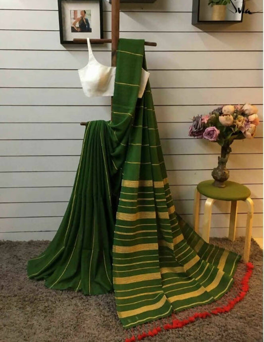 Exclusive Collection Khadi Cotton Handloom Khesh Saree With Blouse Piece - Pesta Green - Swadesiicart