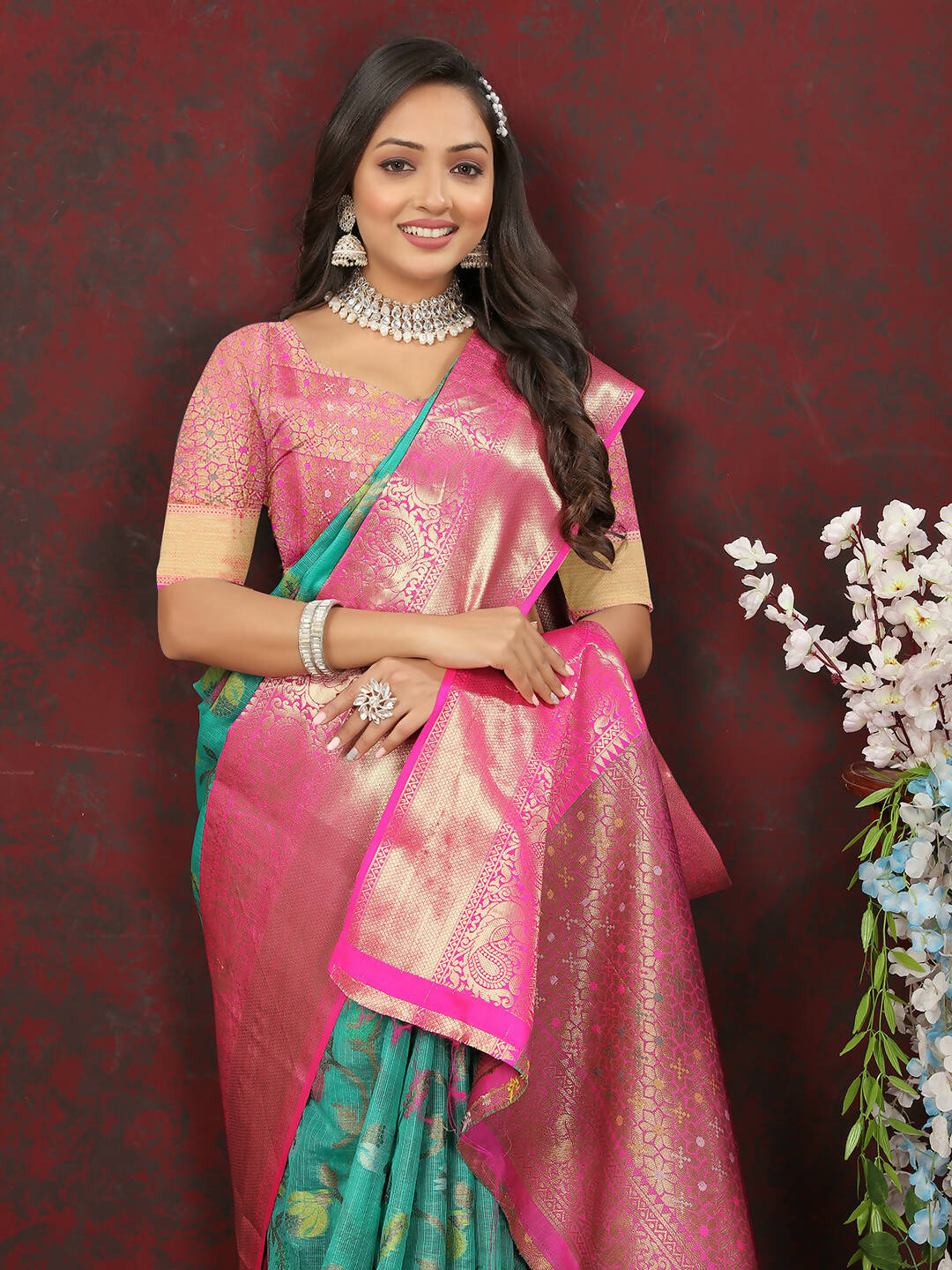 Lorenvalley Fashion Teal Cotton Woven Design Zari Meenakari Weaving Saree - Swadesiicart